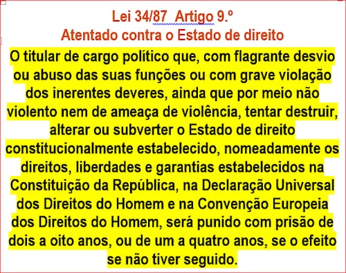 SPEL-IMAGINA O PIR EXISTINDO LEGALMENTE
ESTRATÉGIA não esperava eleições
NO DIA SEGUINTE APRESENTAVA NA PGR 2 QUEIXAS
BASEADAS NA LEI 34/87 Artigo 9.º
1a-contra DEPUTADOS QUE APROVARAM ORÇAMENTO QUE NÃO RESPEITA CRP
1b-contra RESTANTES DEPUTADOS QUE NÃO APROVARAM MAS NÃO APRESENTARAM QUEIXA NA PGR  CONLUIO
2- contra PARTIDOS POLÍTICOS PARA DEVOLUÇÃO DOS FINANCIAMENTOS ILEGAIS  que desde sempre recebem
razões 
tentar destruir, alterar ou subverter o Estado de direito constitucionalmente estabelecido, nomeadamente os direitos, liberdades e garantias estabelecidos na CRP  Artigo 41.Do direito de acção 
têm legitimidade para promover o processo penal o Ministério Público
a) O cidadão ou a entidade directamente ofendidos pelo acto considerado delituoso;