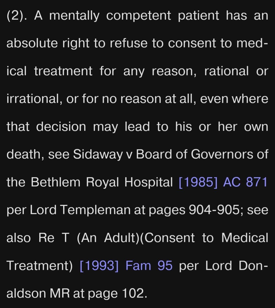 This is the current legal #precedent for the right to #refuse medical treatment in the UK. This rend...