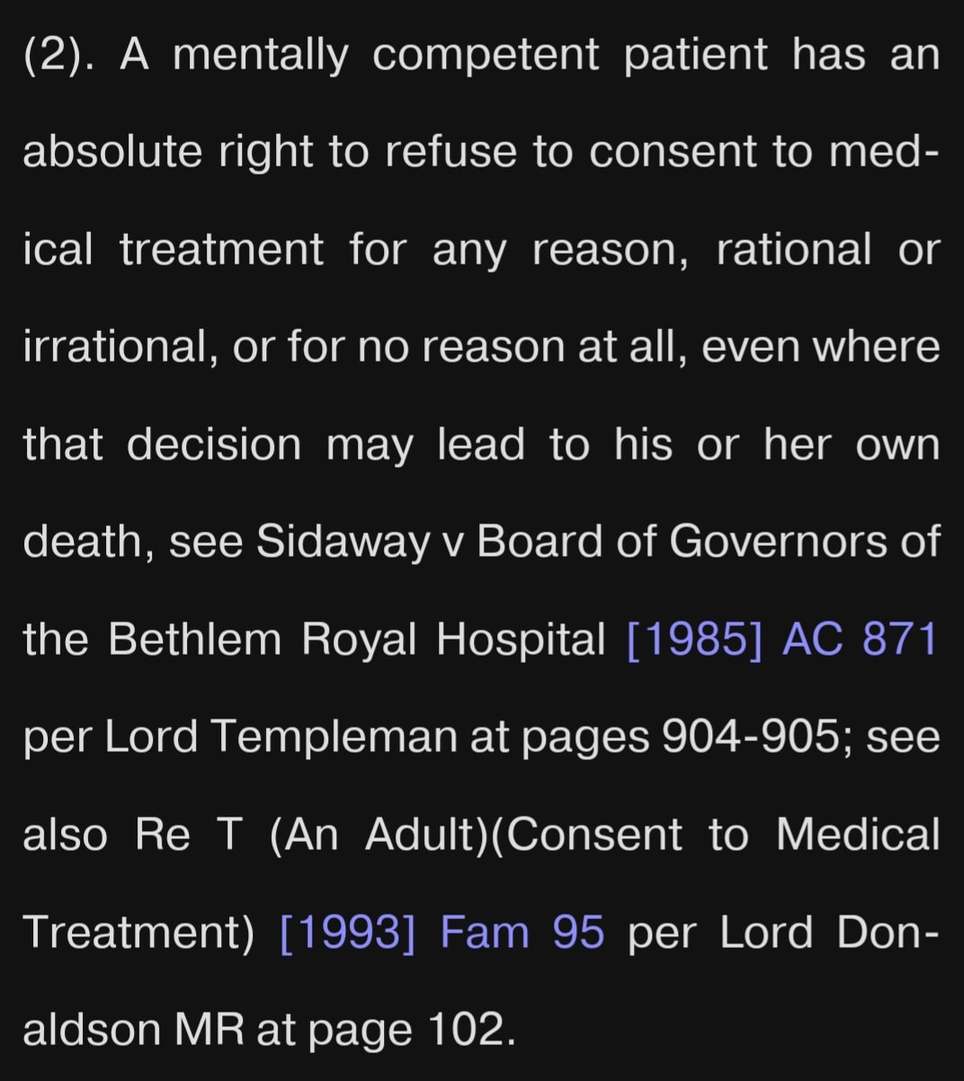 This is the current legal #precedent for the right to #refuse medical treatment in the UK. This rend...