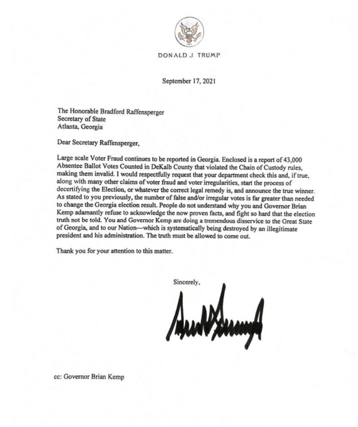 President Trump calls on GA Secretary of State to decertify 2020 election results and announce the t...