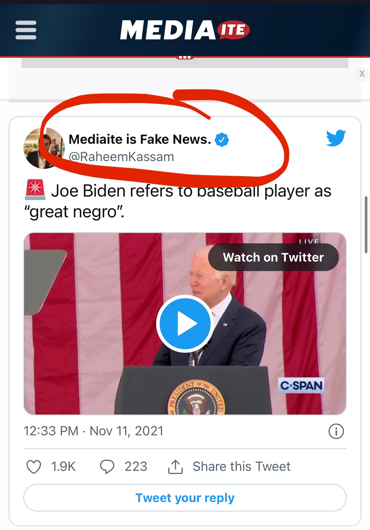 Lmao Mediaite put my tweet in their story denying Joe Biden used the word negro today so I changed m...