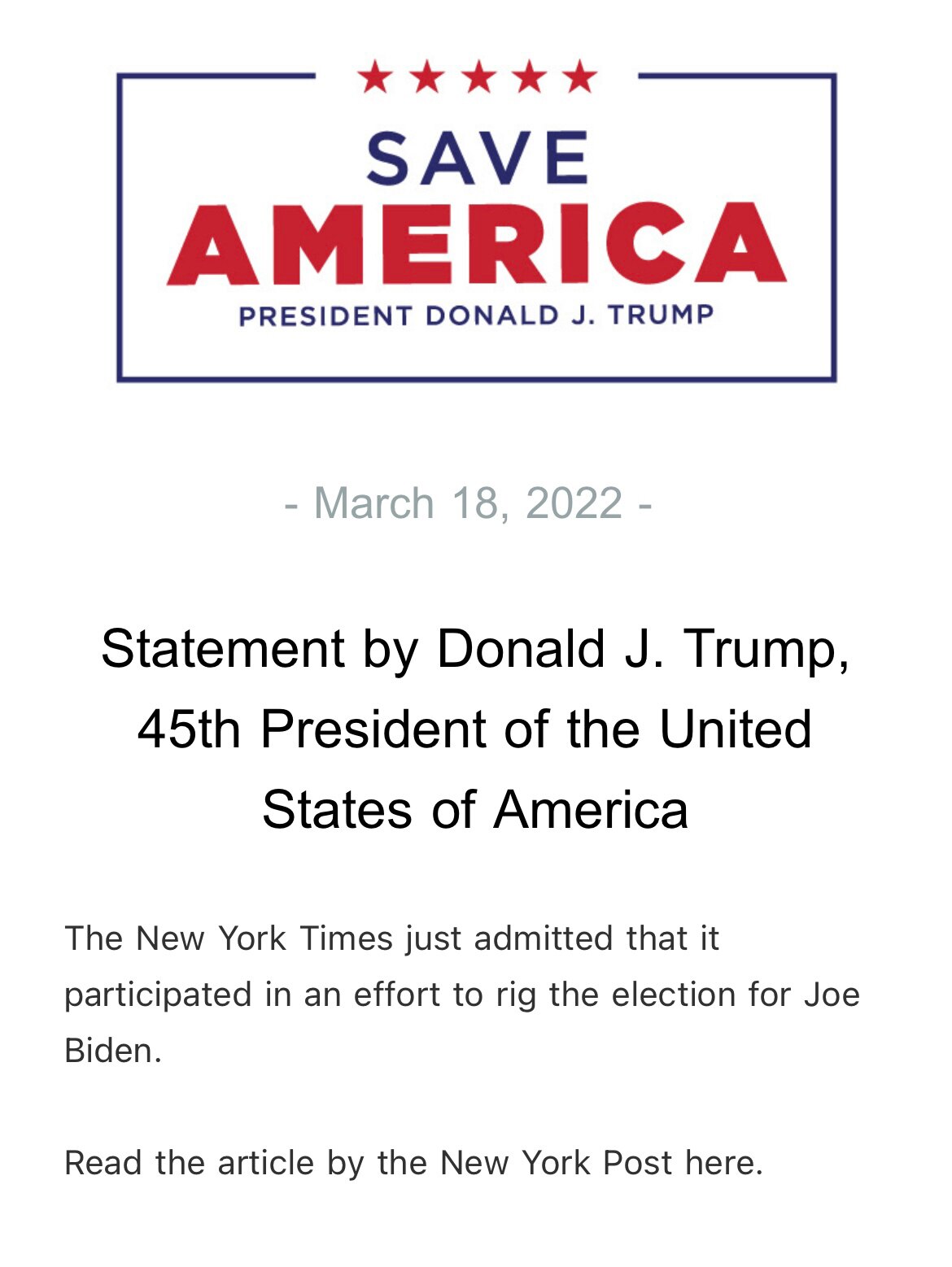 Statement by Donald J. Trump, 45th President of the United States of America

nypost.com/2022/03/17/the-times-finally-admits-hunter-bidens-laptop-is-real?utm_medium=email&utm_source=ncl_amplify&utm_campaign=20220318-statement_by_donald_j_trump_45th_president_of_the_united_states_of_america&utm_content=ncl-GjsmrbFe6J&_nlid=GjsmrbFe6J&_nhids=9Bw6crRr


