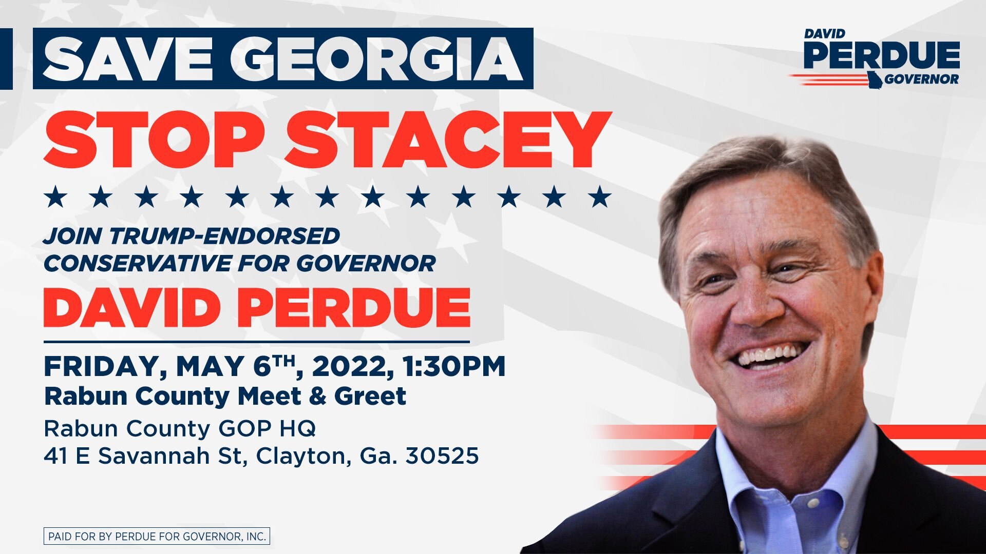 Senator @DavidPerdueGA will be at the Rabun County Republican Headquarters on Friday, May 6th at 1:3...
