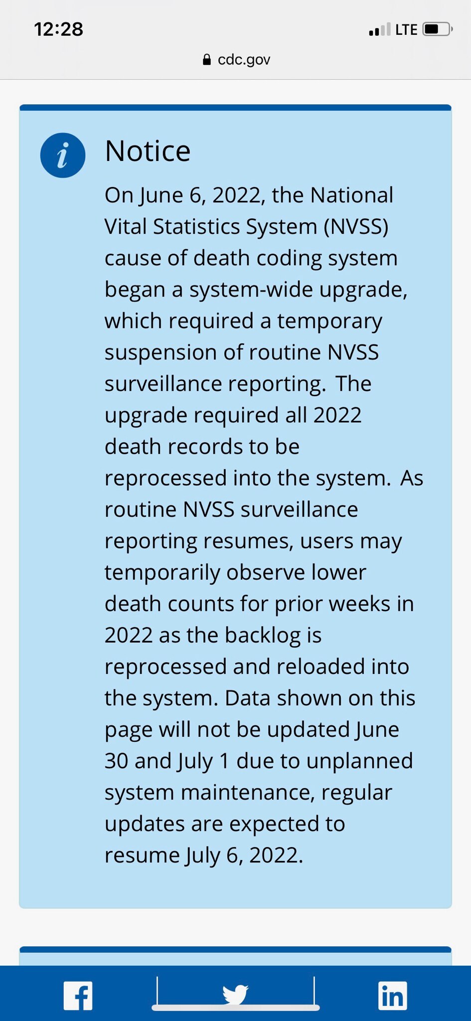 FYI…CDC is likely scrubbing data:   “Updated to push back date of availability due to unplanned system maintenance and now also say “this may temporarily observe lower death counts as backlog is reprocessed and reloaded into the system”. Since when was there a backlog? Does this mean the prior data was understated? If it is back online next week… When will the backlog be cleared? Looks like a typical CDC approach of destroying the data to solve the problem.”