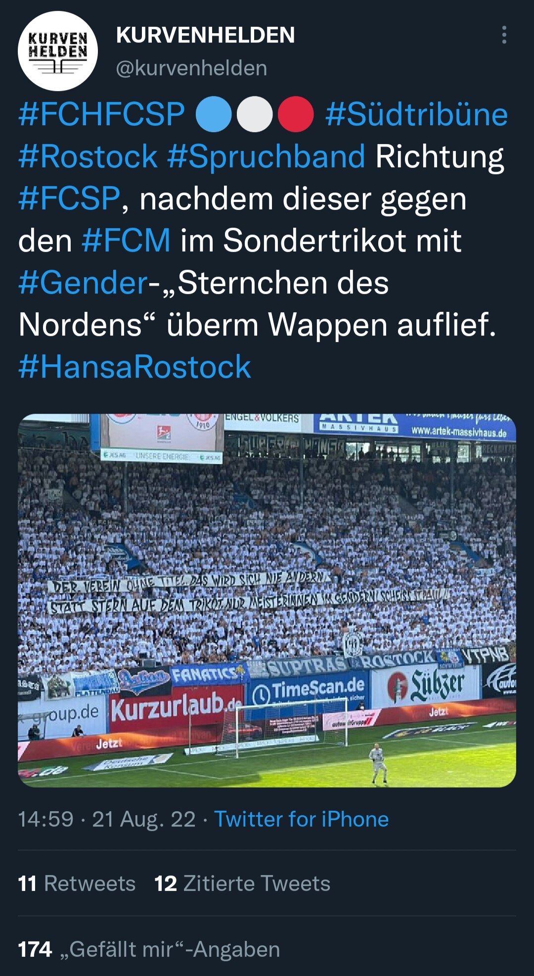 sehr sympathisch:

"Der Verein ohne Titel, das wird sich nie ändern.
Statt Stern auf dem Trikot, nur...