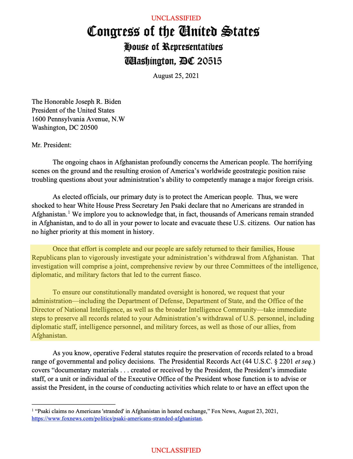 Issue: Speaker Pelosi and House Democrats have had NO hearings on the Biden Administration’s failure in Afghanistan.
 
Solution: Republicans have already sent President Biden a preservation notice - to ensure a comprehensive investigation can be done next Congress.
 
#CommitmentToAmerica