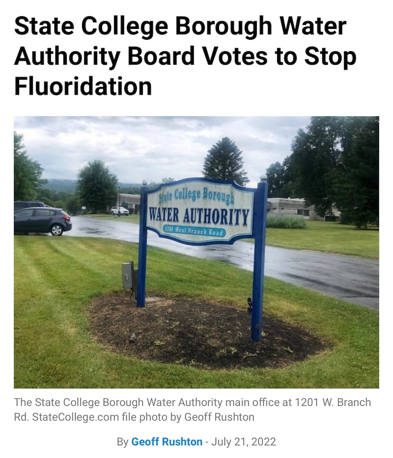 Penn State Votes to Stop Injecting Fluoride into State College’s Water Supply Due to “Possible Adver...