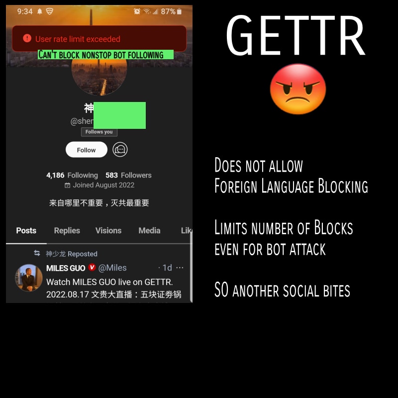 #GETTR another epic fail!!
Account continually hit by foreign language bots, in attempts to block,  ...