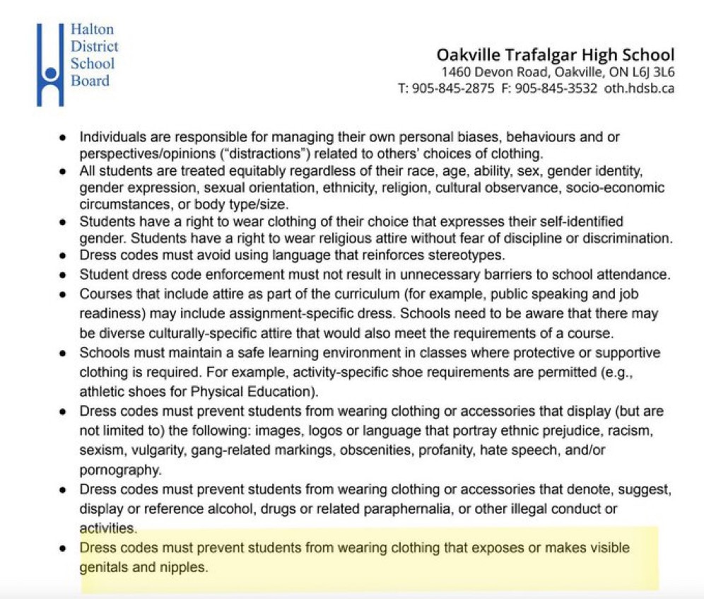 Oakville Trafalgar HS has a dress code rule on its website that says students should not wear clothes that make genitals or nipples visible. 

But it’s ok for a pervert male teacher to do it with enormous fake boobs because he’s expressing his “gender identity.” 🤡🌎