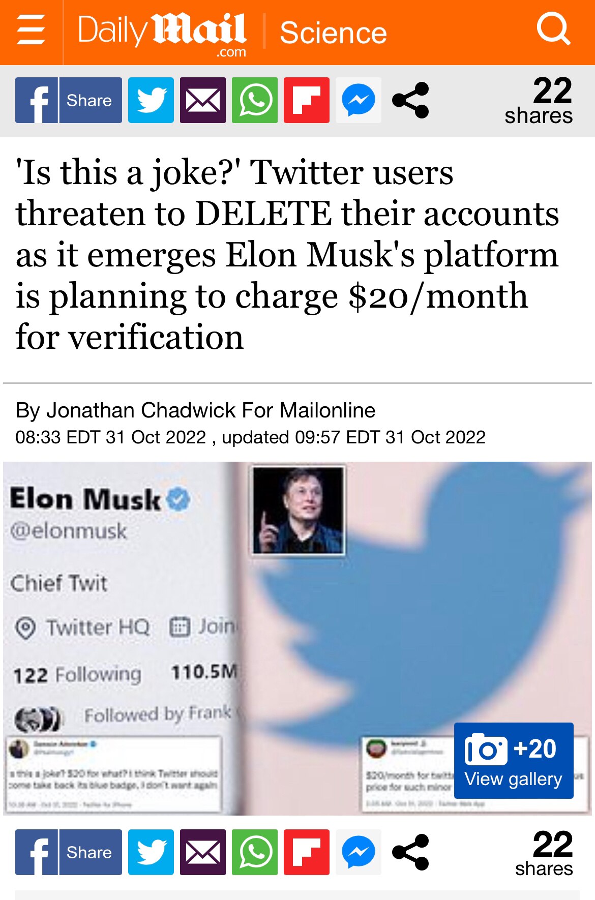 'Is this a joke?' Twitter users threaten to DELETE their accounts as it emerges Elon Musk's platform is planning to charge $20/month for verification.

https://www.dailymail.co.uk/sciencetech/article-11372965/Twitter-users-react-Elon-Musks-plans-charge-20-month-verification.html