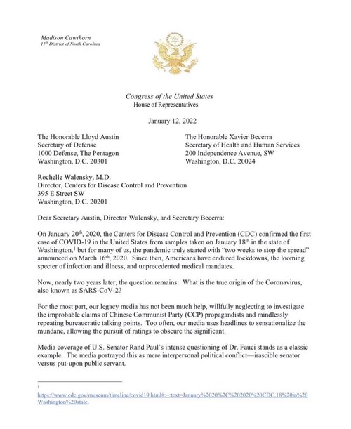 BREAKING: Congressional members Madison Cawthorn(R-NC11), Bill Posey(R-FL8), Diana Harshbarger(R-TN1), Lisa McClain(R-MI10), Randy Weber(R-TX14), and Matt Gaetz(R-FL1) send scathing letter to the CDC Director and Secretaries of Defense and Health and Human Services demanding answers on COVID-19 origin and ‘Top Secret’ DARPA report revealed by Project Veritas reporting