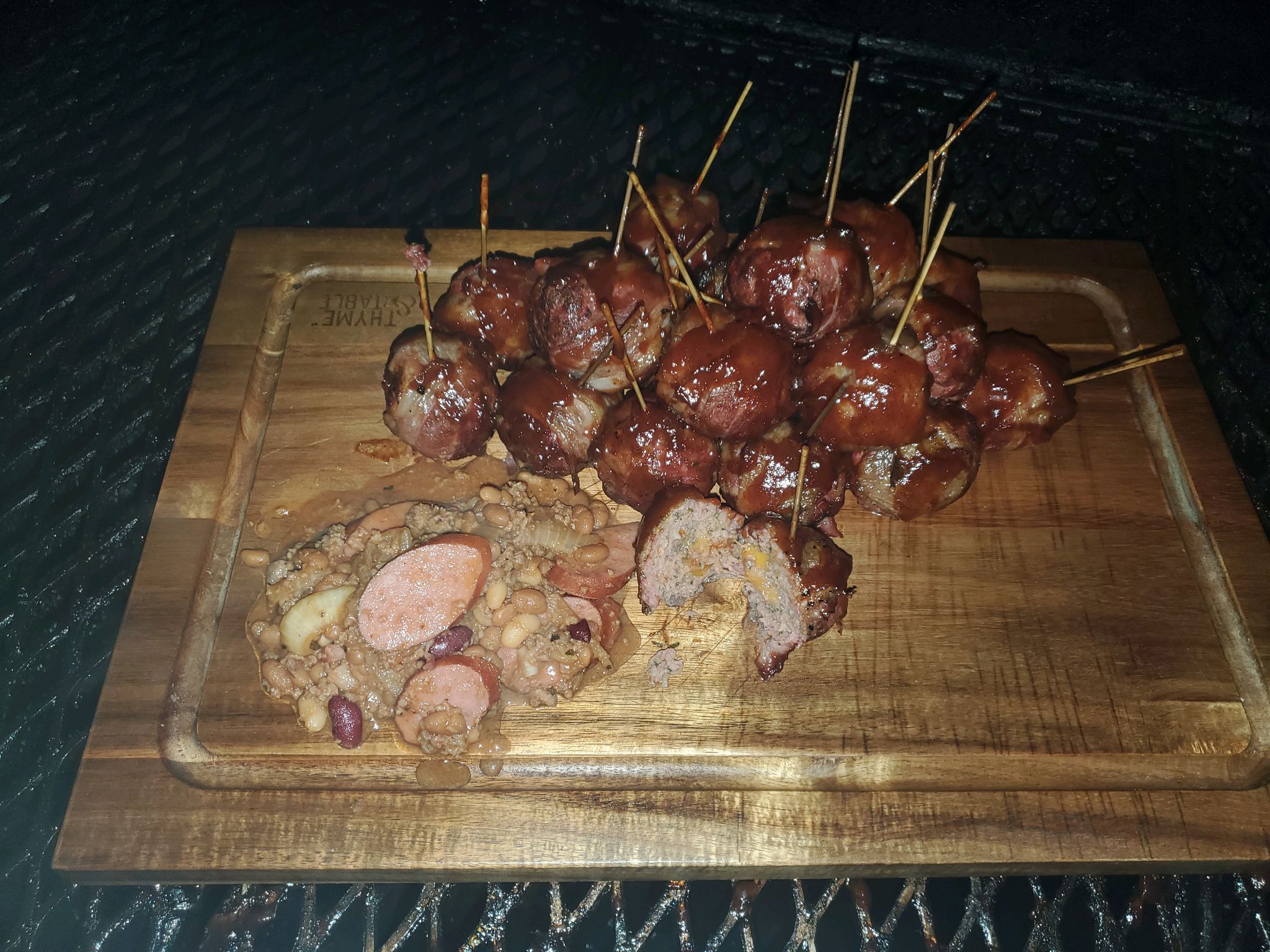 Made our signature meatballs and cowboy beans on the pit! 