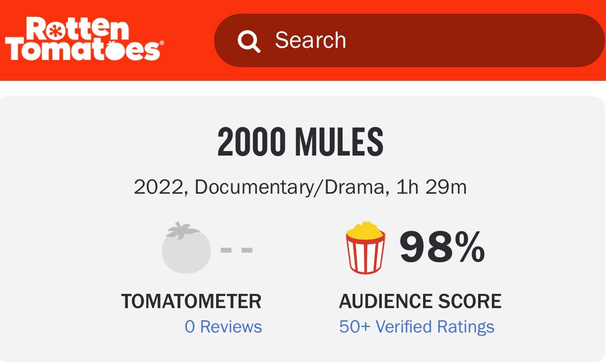 “2000 Mules” seems to be getting fairly decent reviews from the theater audience so far