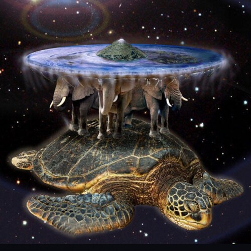 The world turtle, eternal space swimmer, carrying the weight of the world, plus 4 elephants.