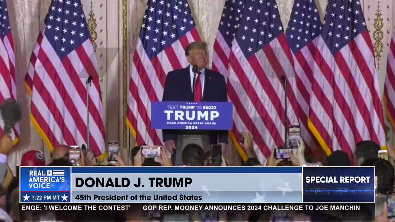 "In order to Make America Great and Glorious again, I am tonight announcing my candidacy for President of the United States." - President Donald J. Trump

Don't miss Real America's Voice exclusive coverage of President Trump’s Special Announcement: https://gettr.com/streaming/p1yersj4a83