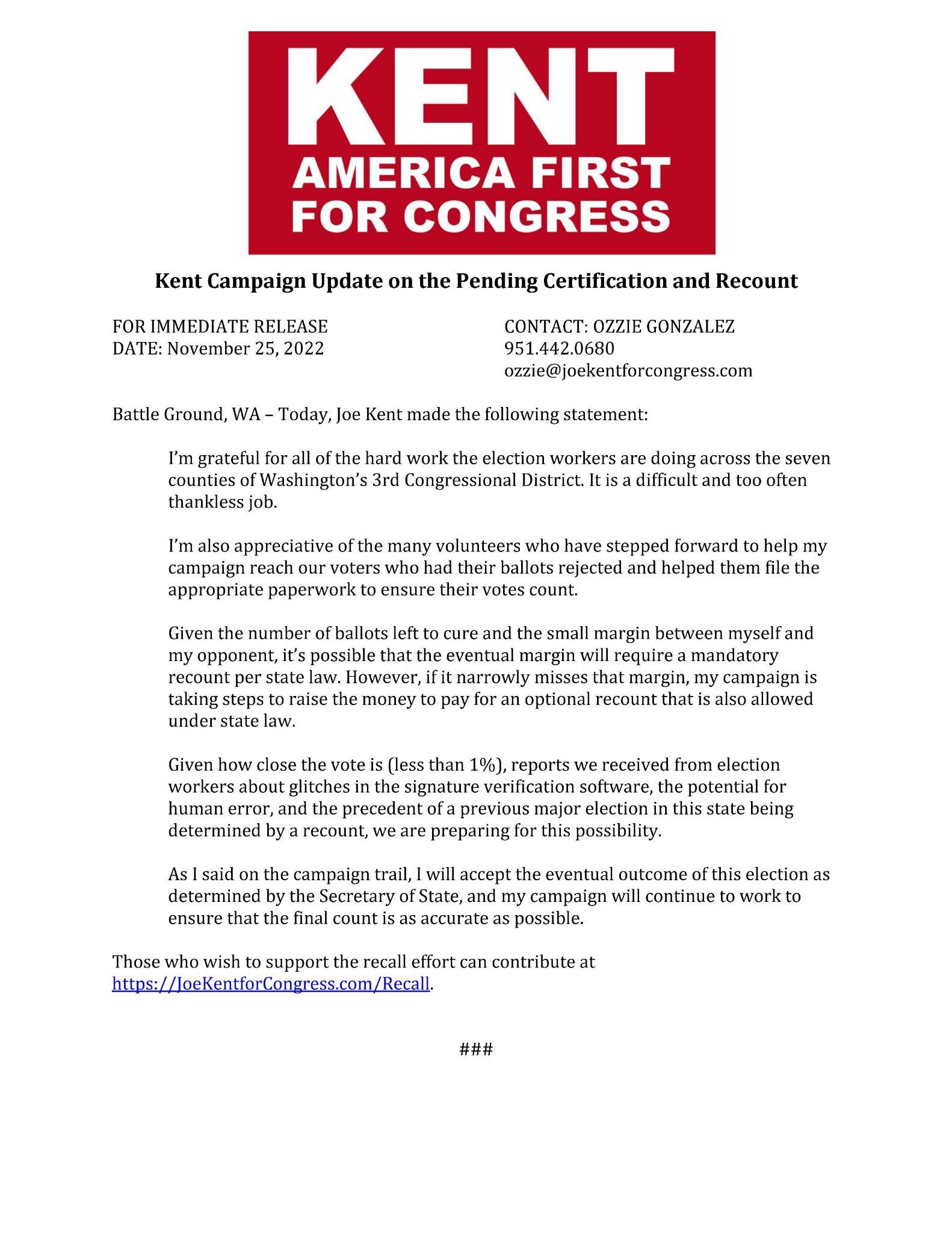 Joe Kent for WA-3 on GETTR : We are still in the fight   gearing up for a recount, check your ballot status   support our effort to ensure every legal vote is counted!  Our timeline to raise the money is very short.   Donate at JoeKentforCongress.com/Reco