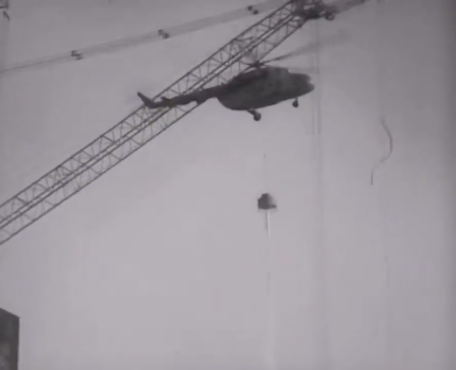 An Mi-8 Helicopter crashing over the core of the Chernobyl reactor on October, 1986.