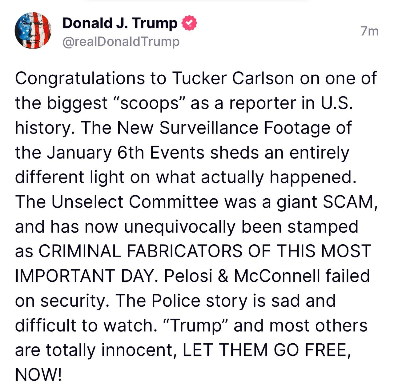 BREAKING: Trump calls for immediate release of J6 detainees after Tucker’s massive scoop 