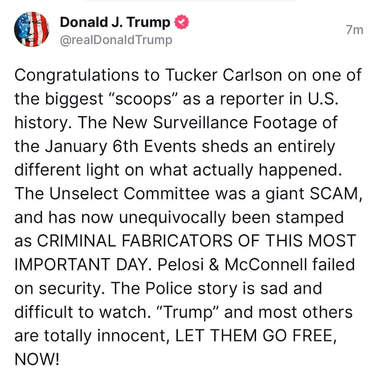 BREAKING: Trump calls for immediate release of J6 detainees after Tuckerβs massive scoop