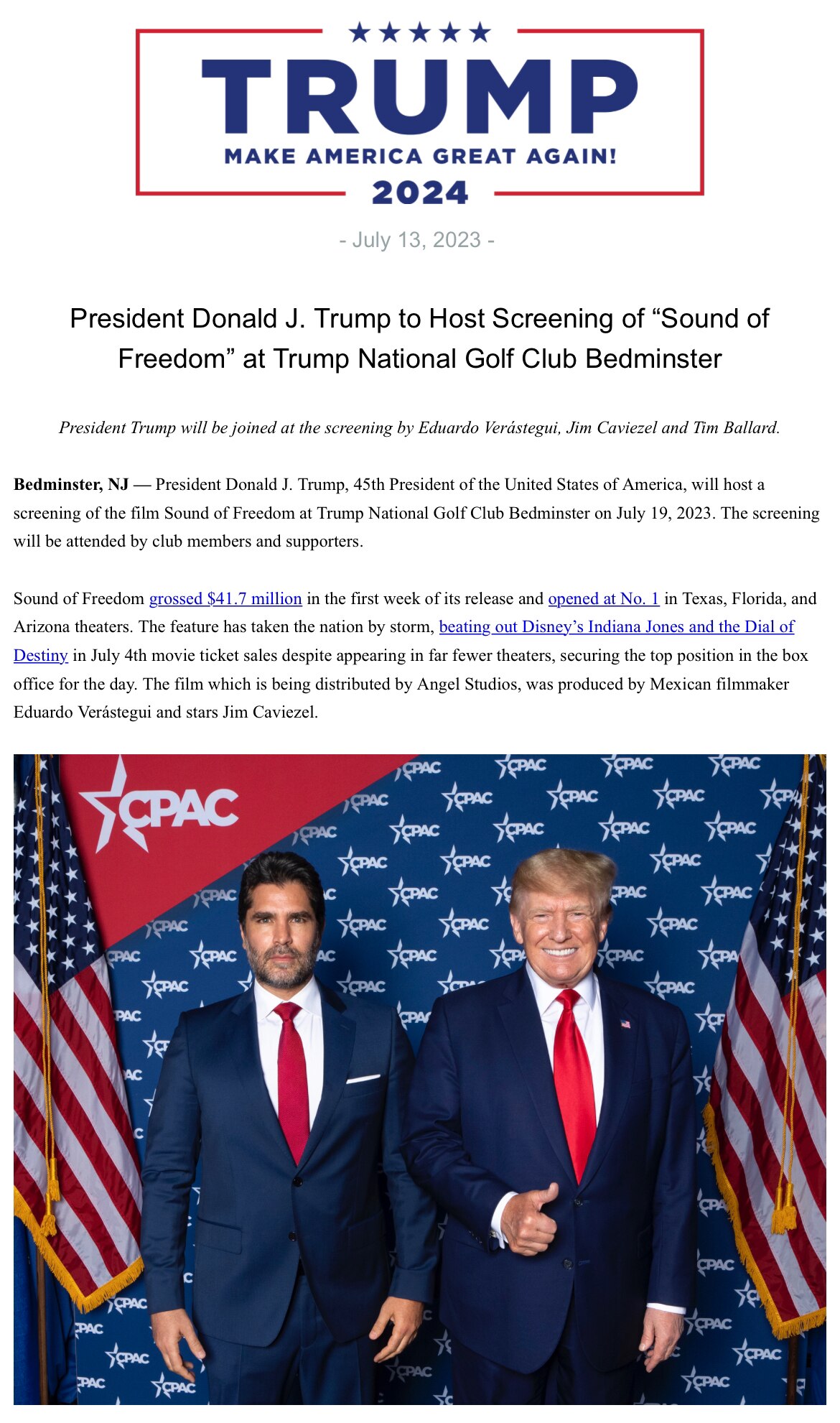 PRESS RELEASE: President Donald J. Trump to Host Screening of “Sound of Freedom” at Trump National G...