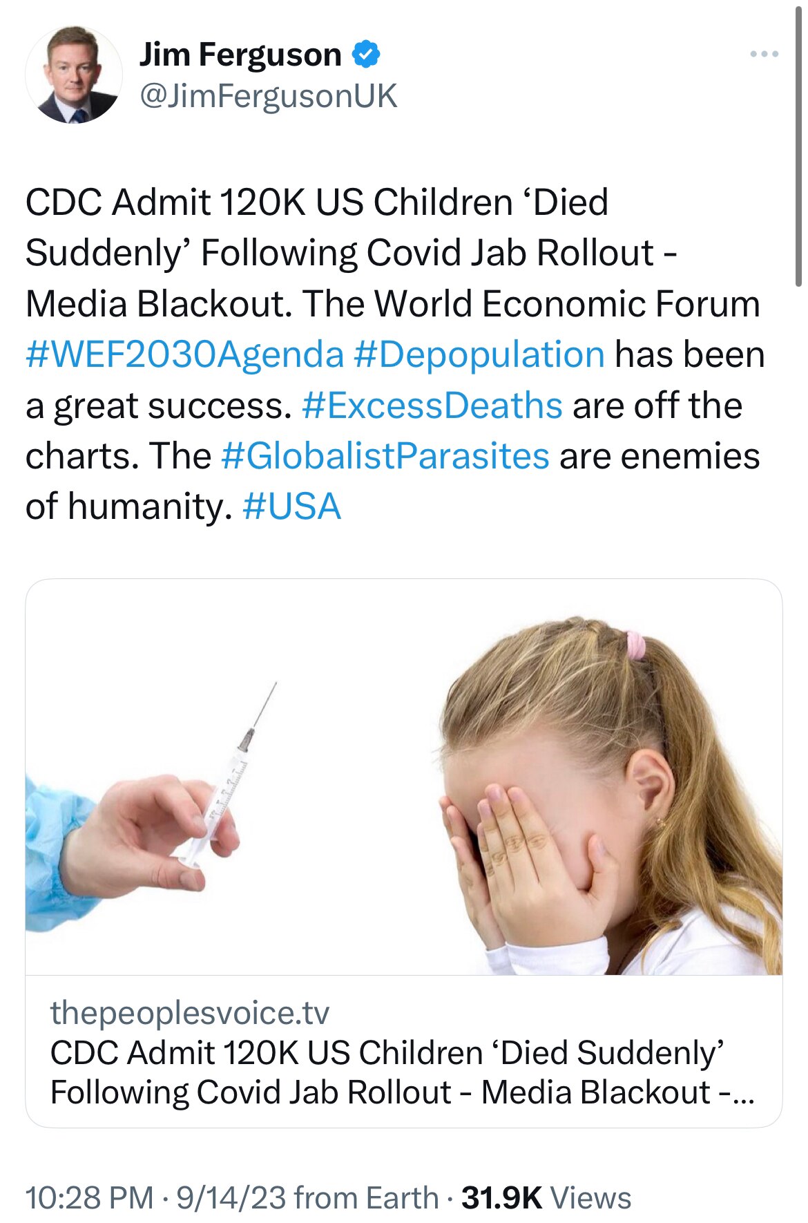 ❌💉🇺🇸…… #vaccinedisaster

🚨疾病预防控制中心承认，在新冠疫苗推出后，12万名美国儿童“突然死亡”——媒体封锁。世界经济论坛# 2030年世界经济论坛#议程#人口减少取得...