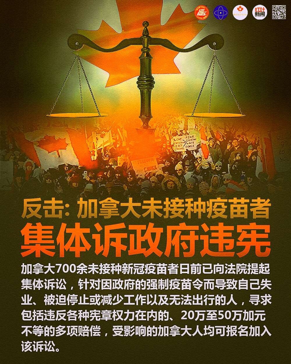 💥反击：加拿大未接种疫苗者集体诉政府违宪

加拿大700余未接种新冠疫苗者日前已向法院提起集体诉讼，针对因政府的强制疫苗令而导致自己失业、被迫停止或减少工作以及无法出行的人，寻求包括违反各种宪章权力...