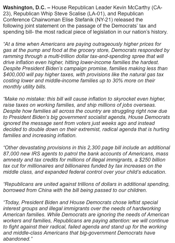 Statement from GOP Leader Kevin McCarthy,
Republican Whip Steve Scalise, and @repstefanik on House Passage of Biden’s Radical Tax and Spend Spree.