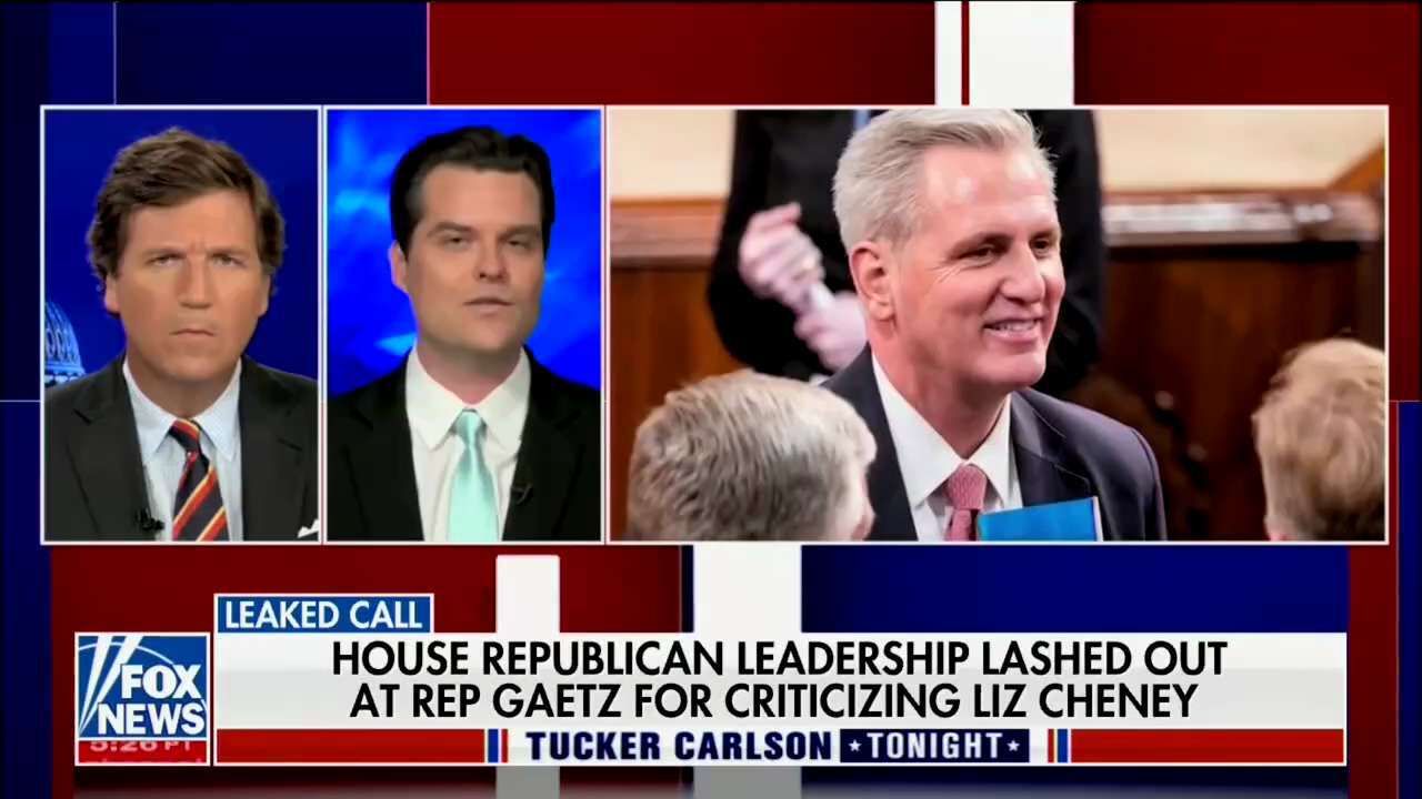 WATCH: Matt Gaetz and Tucker Carlson SLAM Comments by @LeaderMcCarthy & @SteveScalise 

"While I was protecting President Trump from impeachment, Kevin McCarthy and Steve Scalise were protecting Liz Cheney from criticism.

This notion that you can have these sniveling calls and try to foment action against Republicans by Big Tech and DOJ is not fitting of leadership."

Full interview: https://rumble.com/v12pg8x-matt-gaetz-and-tucker-carlson-slam-comments-by-mccarthy-and-scalise-not-fit.html