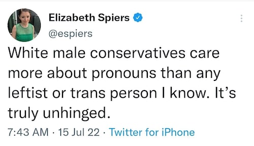 Lady with pronouns in her bio tries to gaslight people into thinking it's actually conservatives who...
