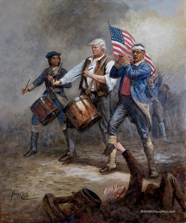 This painting, “The Spirit of 2024,” is a contemporary interpretation of the classic painting, “The Spirit of 1776.” I’m honored and amused to be featured