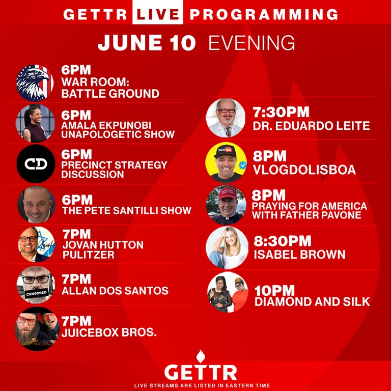 End your week right with some of the best livestreams on GETTR!
@WarRoom
@AmalaEkpunobi
@CDMedia
@PeteSantilli
@JovanHPulitzer
@allansantosbr
@Juice