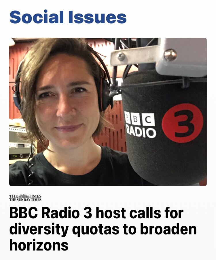 Well I’m guessing but she looks like a white, university educated woman to me, in which case I would have thought the first two attributes  (white & uni efucated) should see her one of the first to go & make way an ethnic minority comprehensive school person.

Whether they know or care anything about classical music is not rellevant in the Woke World. Why is it that those calling for diversity & quotas never just fuck off & go themselves as a good example? 
 

