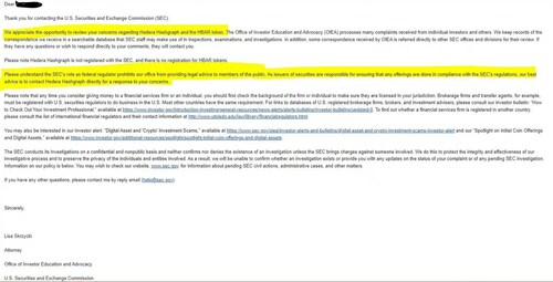 LMAO. @SECGov told a concerned citizen to ask Hedara Hashgraph if their token is a security, instead...