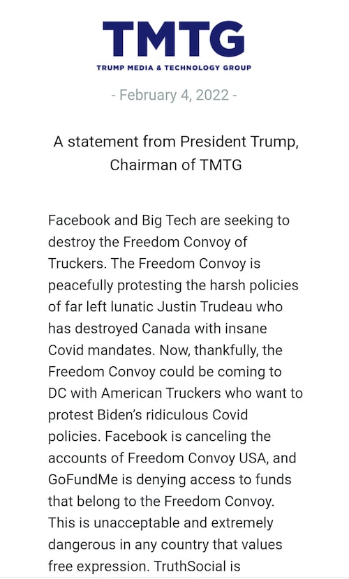 BREAKING: President Trump's "TruthSocial" announces the 'Freedom Convoy' will be welcome with "open ...