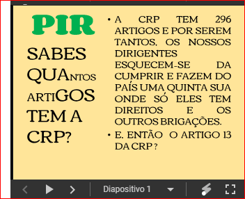 RESPEITAR  Estado de direito

DESTINO TAXATIVO

Lei 34/87-Artigo 9.º
Atentado contra o Estado de dir...