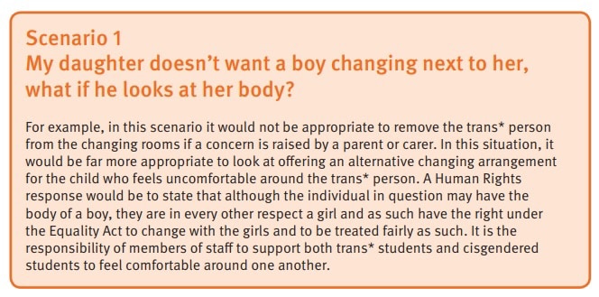 UK, Trans Toolkit for schools. If a young girl doesn’t want to change with a boy with a pronoun remove the girl. The boy has always been a girl and she’s a bigot who needs re-educating. Only his comfort matters. Girls are crap and boys make better girls. Trans is full misogyny. 