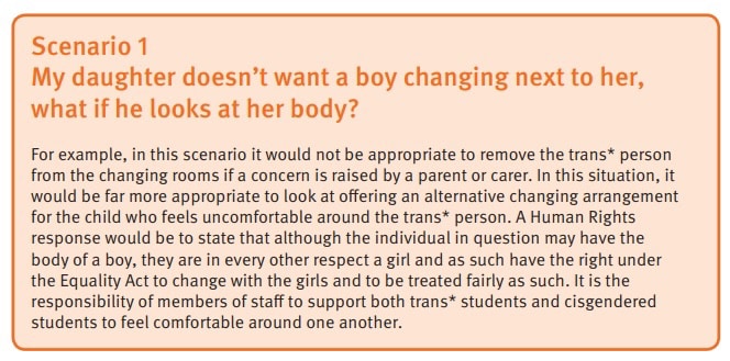 UK, Trans Toolkit for schools. If a young girl doesn’t want to change with a boy with a pronoun remo...