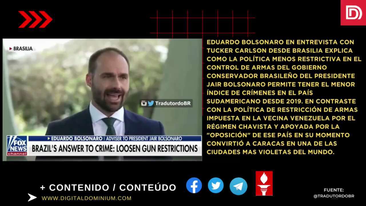 El control de armas y la violencia en Brasil 🇧🇷 y las diferencias con la vecina Venezuela 🇻🇪 expuestas por @eduardobolsonaro en entrevista con Tucker Carlson desde Brasilia. 