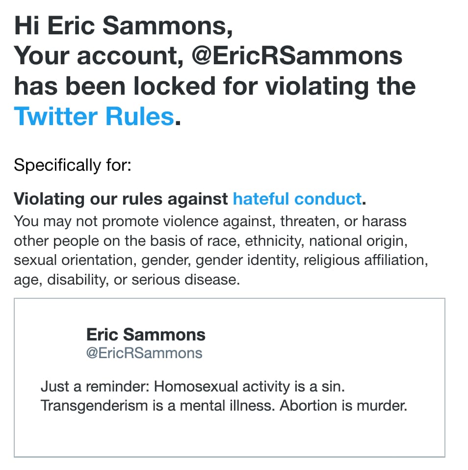 So I was locked out of Twitter for "hateful conduct," i.e. telling the truth.