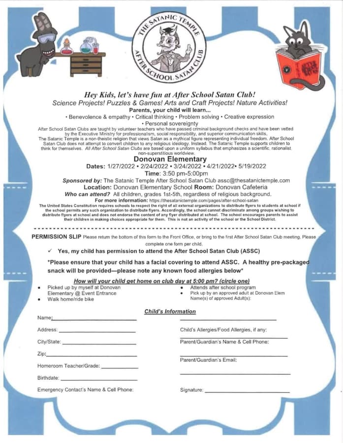 An elementary school in Ohio is hosting an after school Satan club.