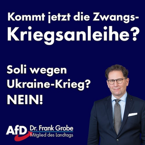 Erste Politiker fordern einen „#Kriegs-Soli“.
Ich wusste gar nicht, dass wir uns im #Krieg befinden. Außerdem haben wir weltweit schon die höchsten Abgaben und #Steuern. Doch anstatt uns Bürger bei den Steuern (Mineralöl-, Öko-, CO2-Steuer etc.) zu entlasten und damit die Wirtschaft anzukurbeln, will man nun eine Kriegssteuer einführen: Der #Solidaritätszuschlag soll wieder kommen. 
Dieses Mal sollen wir also nicht einmal mehr die Wahl haben, ob wir #Kriegsanleihen zeichnen wollen. Wir werden einfach dazu gezwungen. 
Damit dieser Wahnsinn endlich aufhört, bleibt Ihnen nur eine Wahl: Die #AfD.