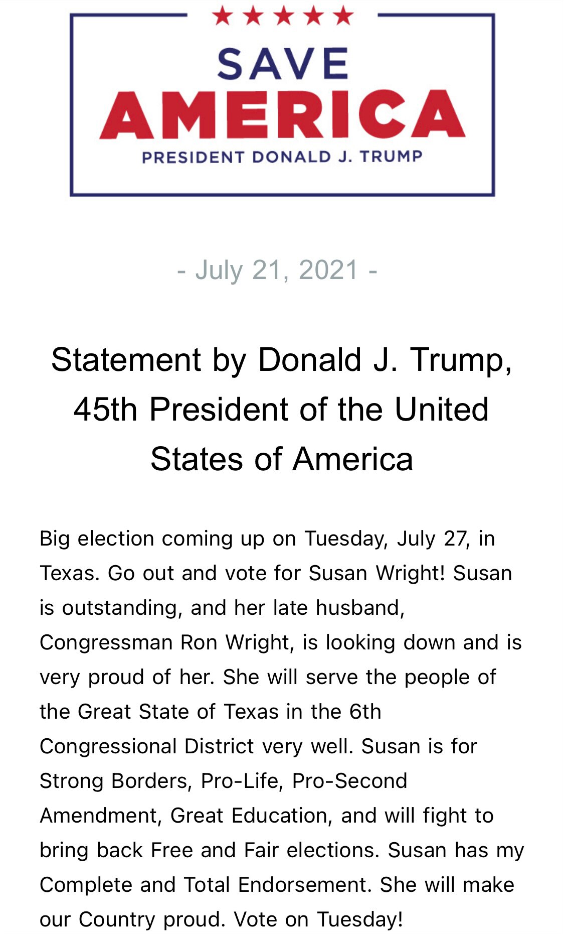 Statement by Donald J. Trump, 45th President of the United States of America