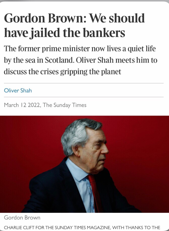 Gordon Brown should be jailed for selling off our gold reserves to the lowest bidder. Blair should be jailed for treason over the Iraq war. You can name your own list of traitors.

About 2008, during the banking crisis, a retired senior Met police fraud squad officer said on Russia Today TV, ‘We don’t more regulation, we need the laws on fraud enforced. But we are always stopped from going into the City banks to investigate’.  I distinctly remember it.

Will anyone be brought to trial for the Covid lockdown con that has decimated our economy, or the vaccine deaths for profit con? Of course not. 

