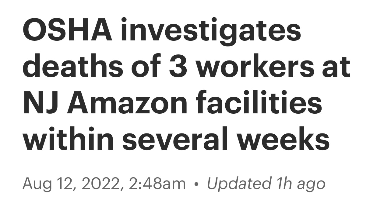 “The first death happened at the Carteret fulfillment center on Prime Day – July 13. Rafael Frias, 42, died of cardiac arrest.

A second death occurred on July 24 at the Robbinsville facility. That worker reportedly fell and hit his head. A third died at the Monroe facility on Aug. 4. A cause of death has not been provided.”

https://newjersey.news12.com/osha-investigates-deaths-of-3-workers-at-nj-amazon-facilities-within-several-weeks