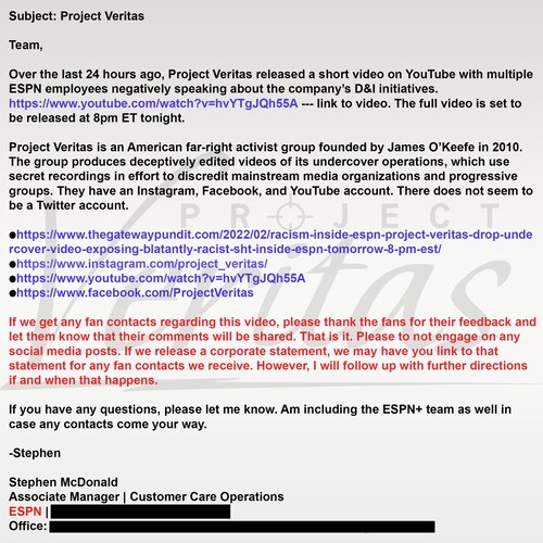 BREAKING: Leaked Internal Email from ESPN Customer Care Manager Stephen McDonald copy/pastes misleading Wikipedia description to falsely label Project Veritas.

Employees instructed to "not engage on any social media posts" regarding #ExposeESPN video exposing racism within the workplace