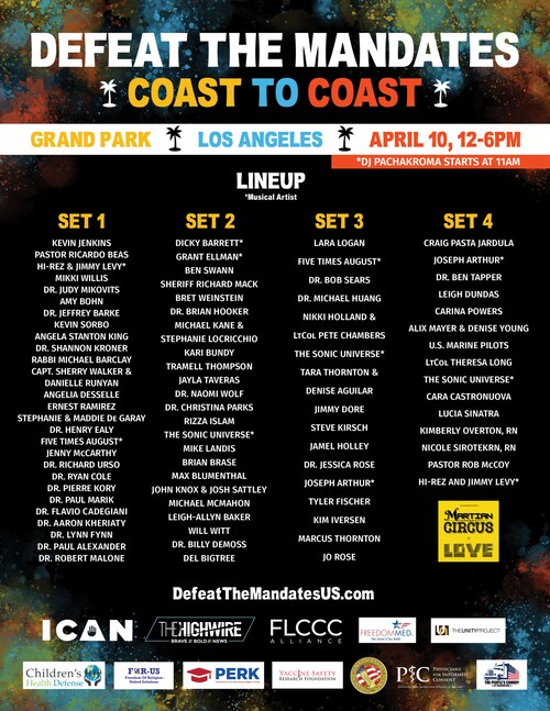 Tomorrow L.A.

The Defeat the Mandates Movement
is with you.

Complete set list 👇🏾
Live Music 🎸
A...