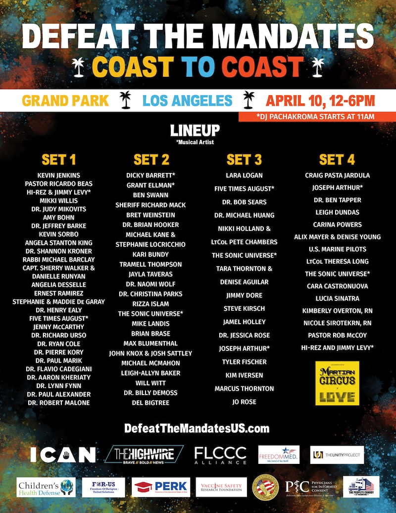 Tomorrow L.A.

The Defeat the Mandates Movement
is with you.

Complete set list 👇🏾
Live Music 🎸
A...