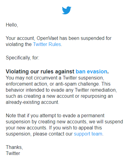 After a few long months of shadowbans, our (first & only) Twitter account has been suspended for "Ba...