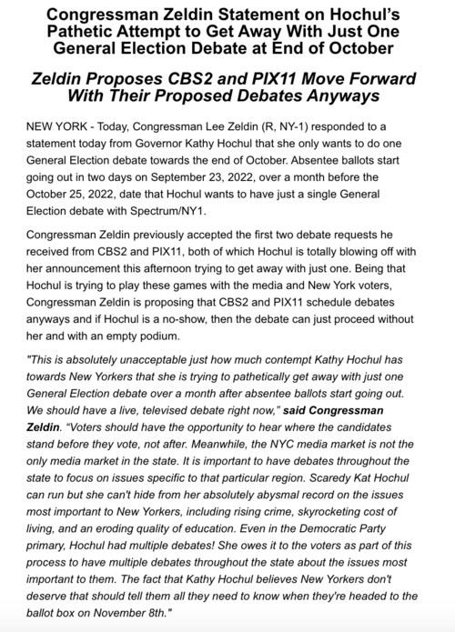 🚨DEBATE UPDATE: Kathy Hochul is now trying to pathetically do just 1 debate at the end of October, over a month after absentee ballots start going out. Hochul's contempt for this process is reason enough to boot her from office. We should have multiple debates starting now!
