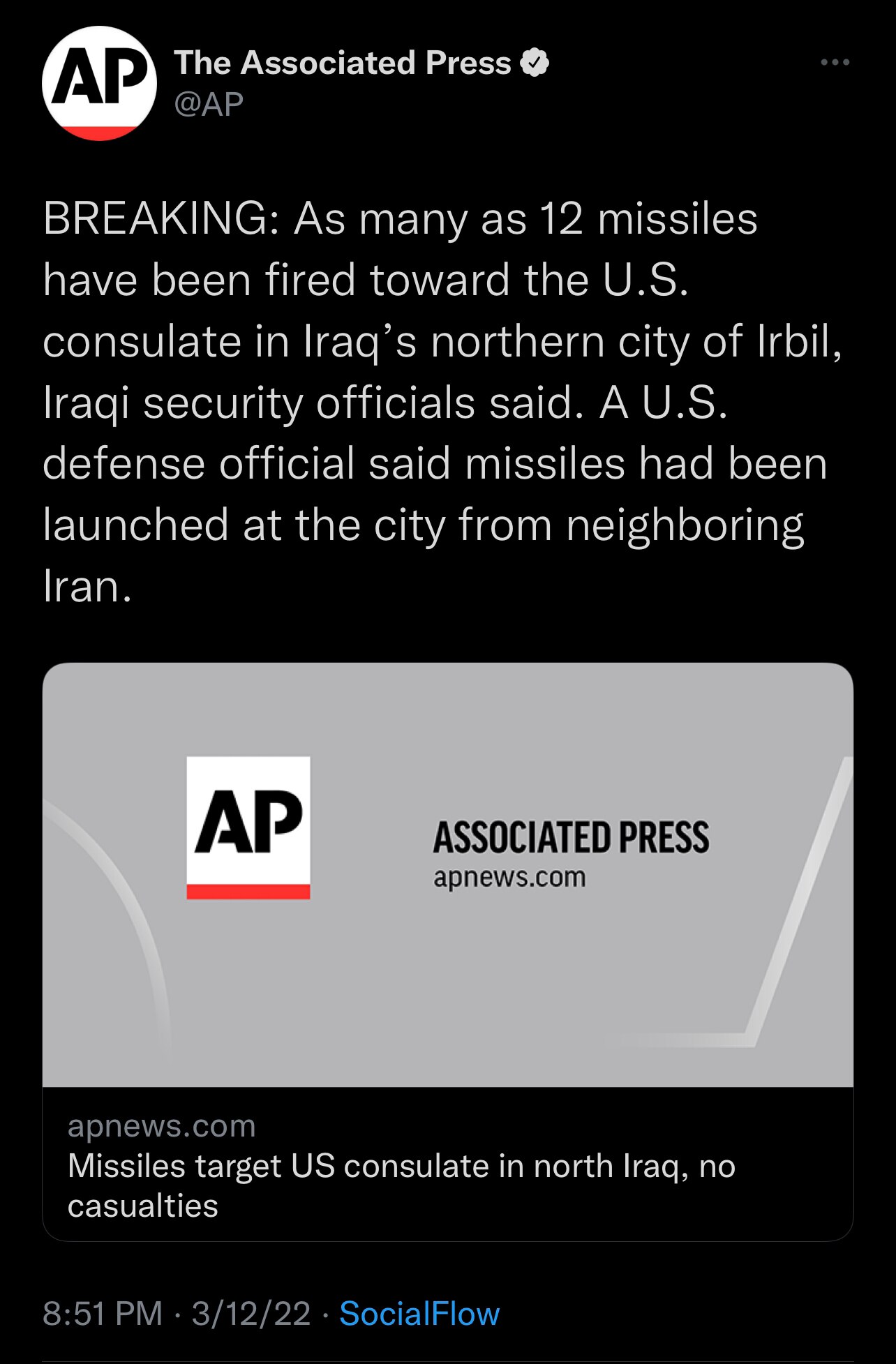 “As many as 12 missiles have been fired toward the U.S. consulate in Iraq’s northern city of Irbil, ...